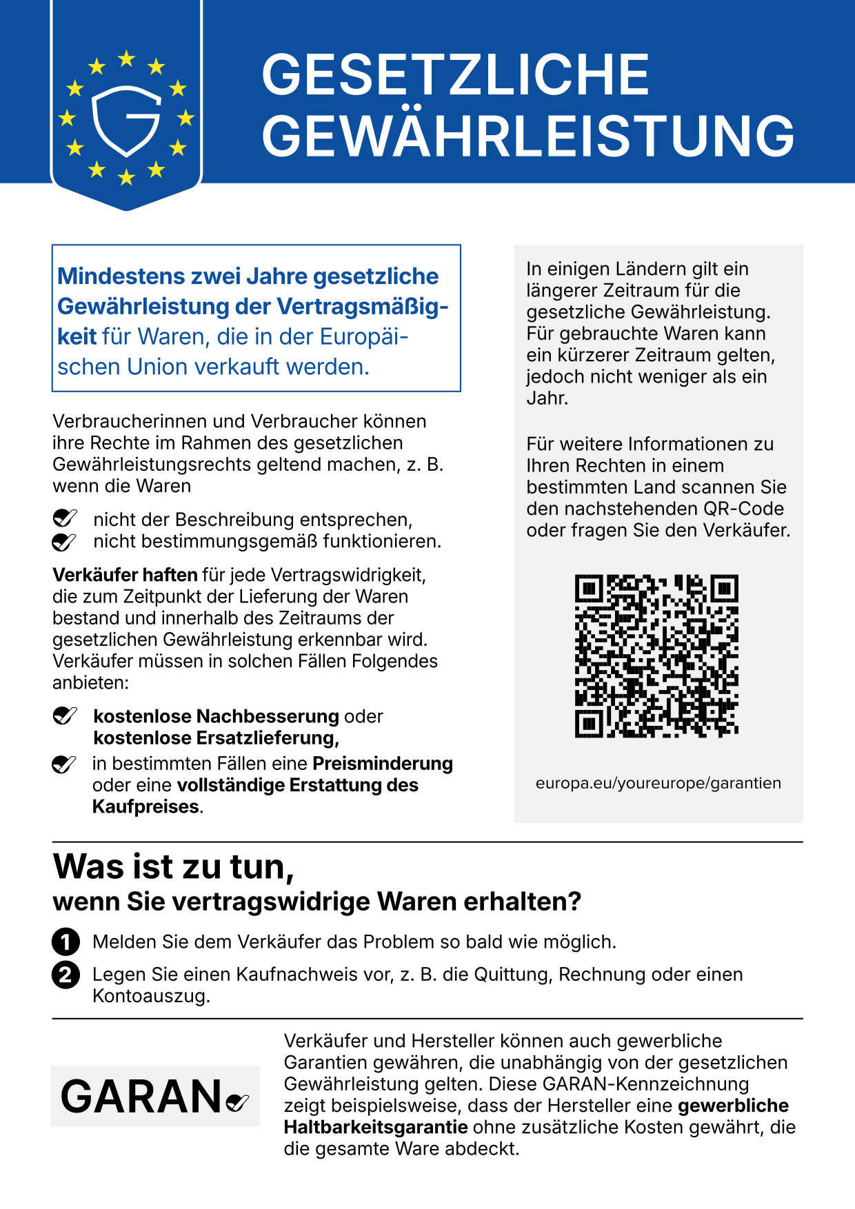 Harmonisierte Mitteilung über das gesetzliche Gewährleistungsrecht: mindestens zwei Jahre gesetzliche Gewährleistung für Waren in der EU